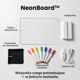 Zawartość zestawu NeonBoard™: tablica LED, mazaki UV, szablony i kabel USB