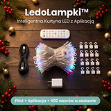 Zestaw LedoLampki™: kurtyna LED, pilot, haczyki i kabel USB na drewnianym stole